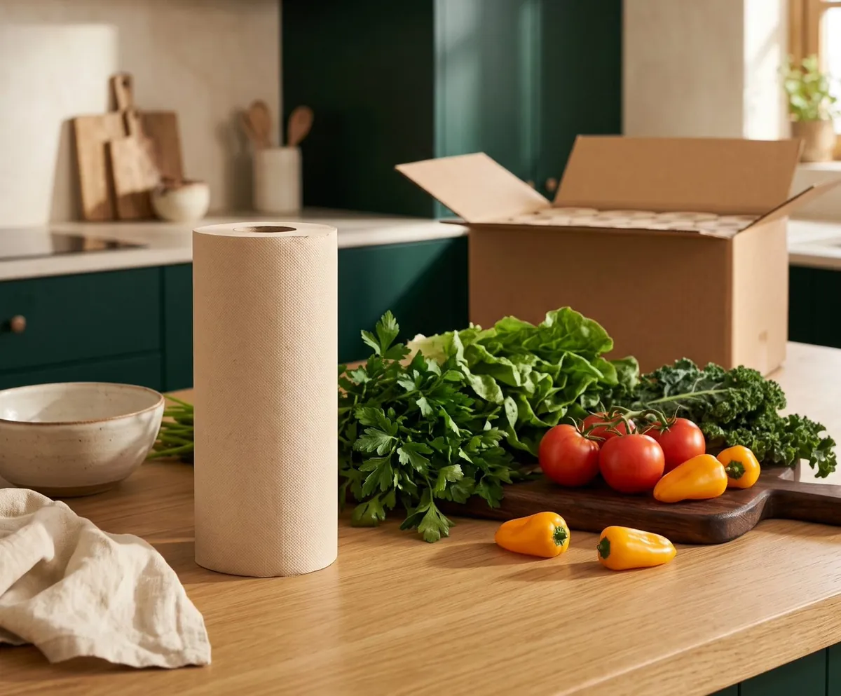 Rollo de papel de cocina sin blanquear sobre la encimera, junto a una caja de cartón de eCommerce y verduras frescas